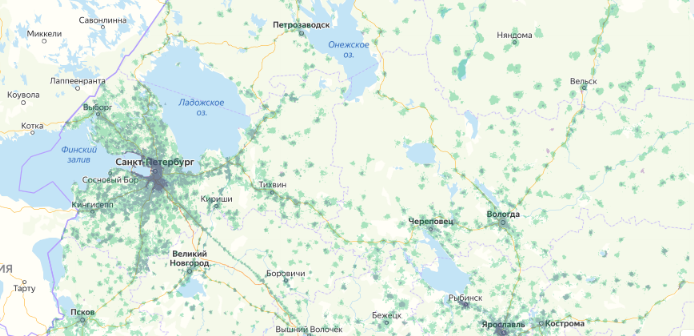Зона покрытия МТС на карте Санкт-Петербург 